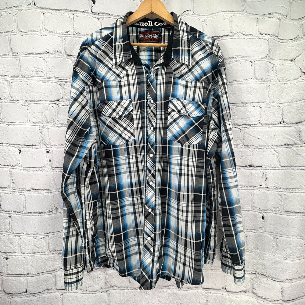 Rock & Roll Cowboy Shirt Men's XXL Black/Blue/ White Plaid Snap Rodeo